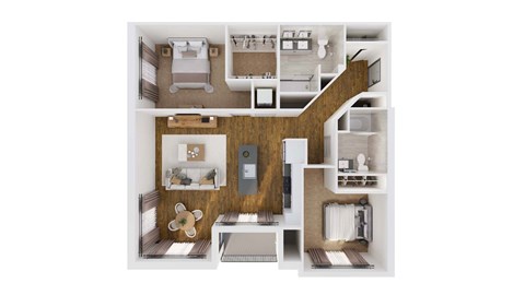 A floor plan of a house with a kitchen, living room, and two bedrooms.